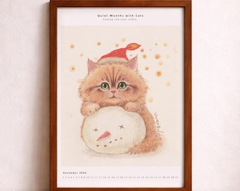 Druckbarer Katzenkalender 2026 - Dezember Katze Illustration, gemütlicher Winter Wandkunst, digitaler Download