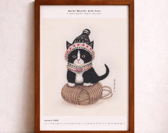 2026 Katzenkalender zum Ausdrucken - Januar Kätzchen Illustration, gemütliche Wandkunst, digitaler Download