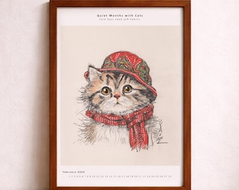 Katzenkalender 2026 - Februar Katze Illustration, gemütlicher Winter Wandkunst, digitaler Download