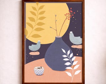 Mondschein Vögel und Katze Wand Kunst zum ausdrucken, Nachthimmel Aquarell Illustration, digitaler Download