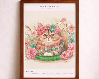 2026 Katzenkalender Druckbar - April Katzen Illustration, Digitaler Download