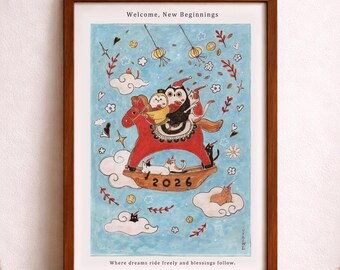 2026 Neujahr Eule und Katze Kunstdruck, Schaukelpferd Illustration (Digitaler Download)
