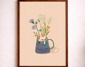 Tasse mit Katze in Blau – Watercolor Wildflower Art | A3 Digitaler Download