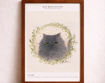 2026 Katzenkalender Druckbar - Juli Katze Illustration, Warmer Sommer Wandkunst, Digitaler Download