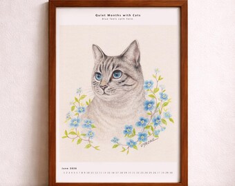 Juni Katze Kalenderkunst - Sommer Blumen Illustration (Digitaler Download)