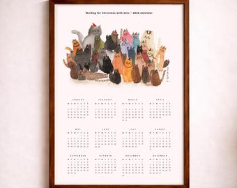 2026 Katzen Kalender Poster, Warten auf Weihnachten mit Katzen Kunst (Digitaler Download)