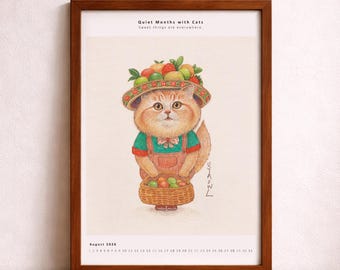 2026 Katzenkalender Druckbare - August Katzen Illustration, Spätsommer Wandkunst, Digitaler Download