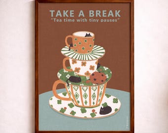 Machen Sie eine Pause - Tea Time Katze Wandkunst zum ausdrucken, entspannende Aquarell Illustration, digitaler Download
