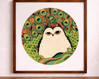 Eule Wand Kunst Printable | Eulen Illustration Inspiriert von Pfauenfedern