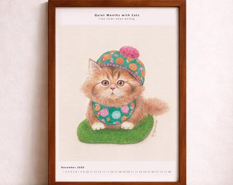 2026 Katzenkalender – November Katzen Illustration, warmer Herbst Wandkunst, digitaler Download