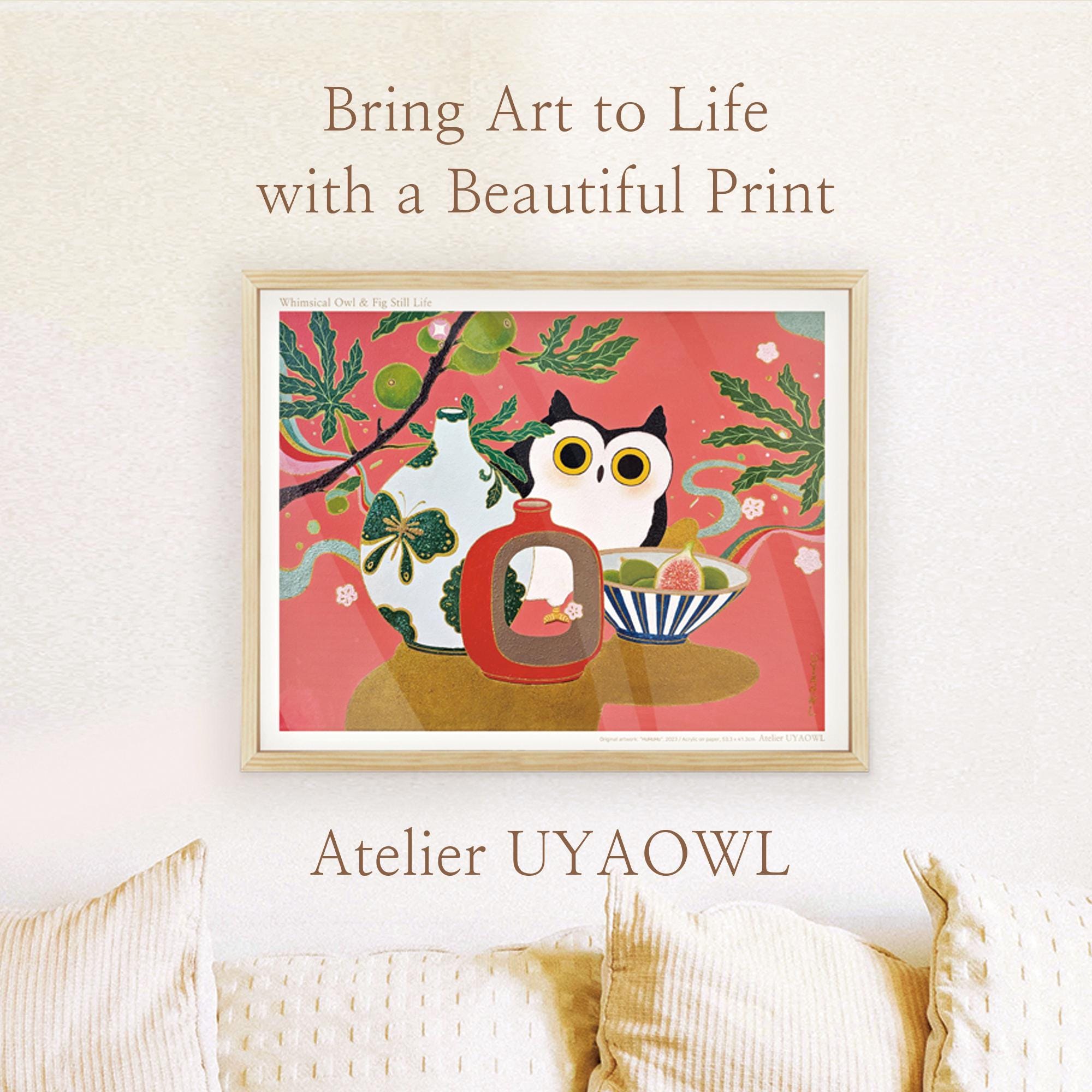 Whimsical Owl and Fig Print: Korean Still Life Art (Digital Download)