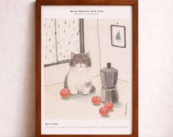 2026 Katzenkalender Druck – März Katzen Illustration, Vorfrühling Wandkunst, Digitaler Download