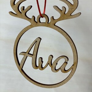 x1 Personalised Christmas Tree Decoration Baubles Wooden gift tag name Reindeer image 2