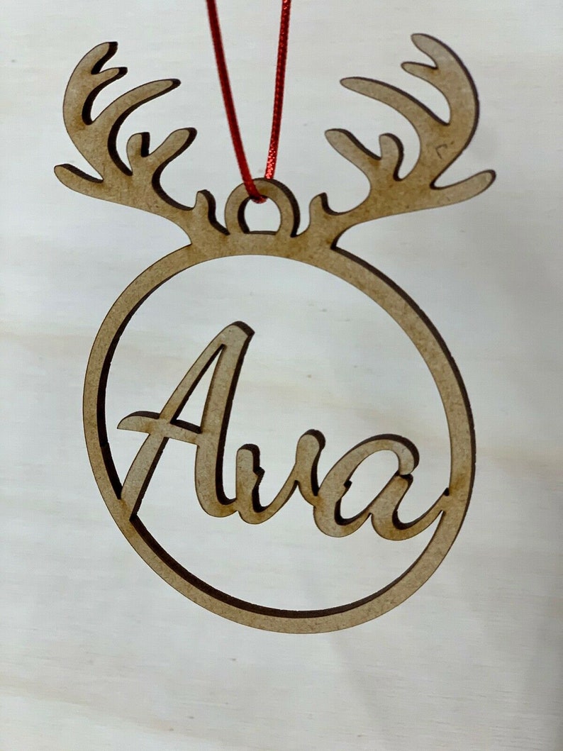 x1 Personalised Christmas Tree Decoration Baubles Wooden gift tag name Reindeer image 2