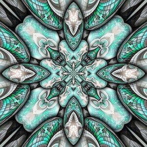 May include: A symmetrical, abstract design with a repeating pattern of teal, grey, and white. The design resembles a flower with multiple petals.