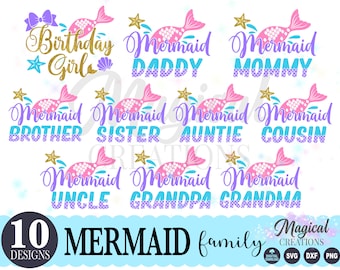 Mermaid Family Name svg, Bundle of 10 Family Mermaid Birthday svg, Bundle Mermaid Birthday svg, Mermaid svg, Mermaid Birthday svg