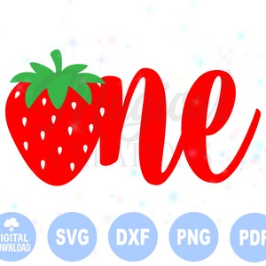 Puede incluir: Fresa roja y verde con la palabra "one" en letra cursiva roja. Archivos de descarga digital para SVG, DXF, PNG y PDF.