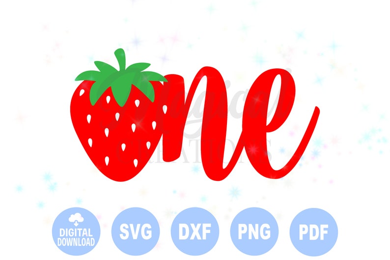 Puede incluir: Fresa roja y verde con la palabra "one" en letra cursiva roja. Archivos de descarga digital para SVG, DXF, PNG y PDF.
