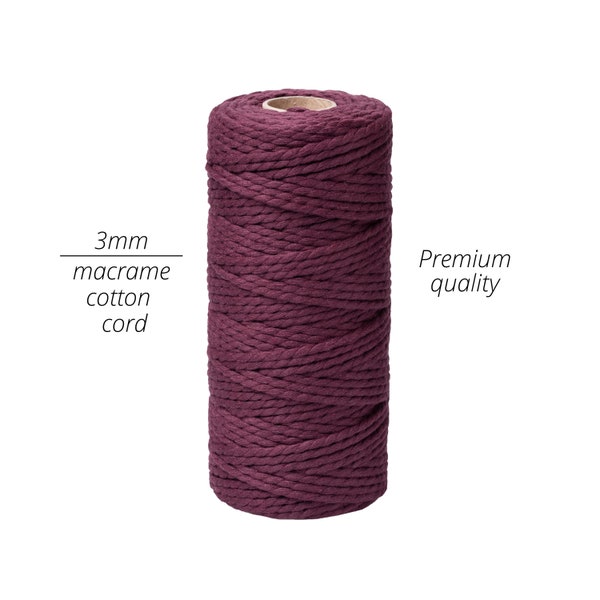 Macrame cord 3mm Plum 328ft/ Twisted 2 strand cotton cord 3mm/ Purple macrame rope/ Voilet cotton cord / Plum macrame string
