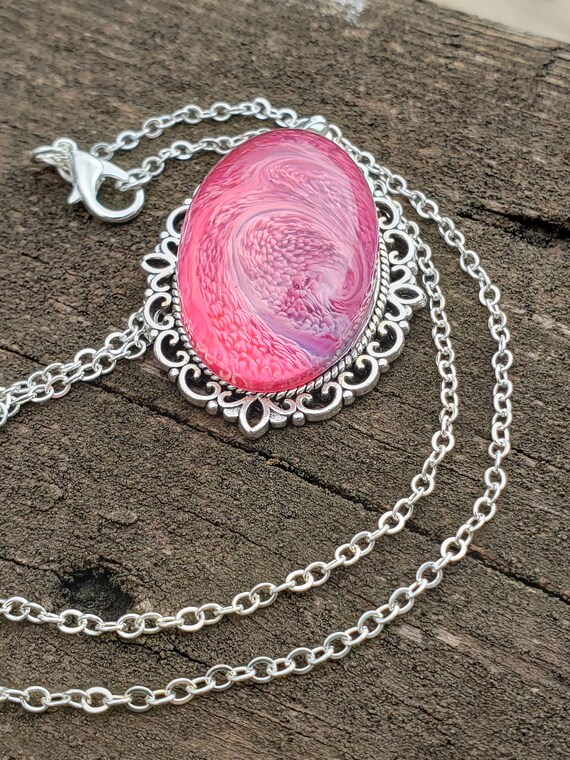 Pink Oval Resin Necklace Resin Jewelry Wispy Resin Necklace