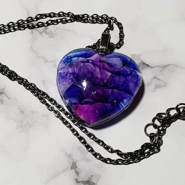 Purple Resin Heart Necklace, Blue Heart Epoxy Resin Necklace, Alcohol Ink,  When Calls The Heart, Heart Necklace, Heart Jewelry On Etsycom