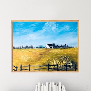 Quadro em acrílico “Idílio campestre” paisagem celeiro prado