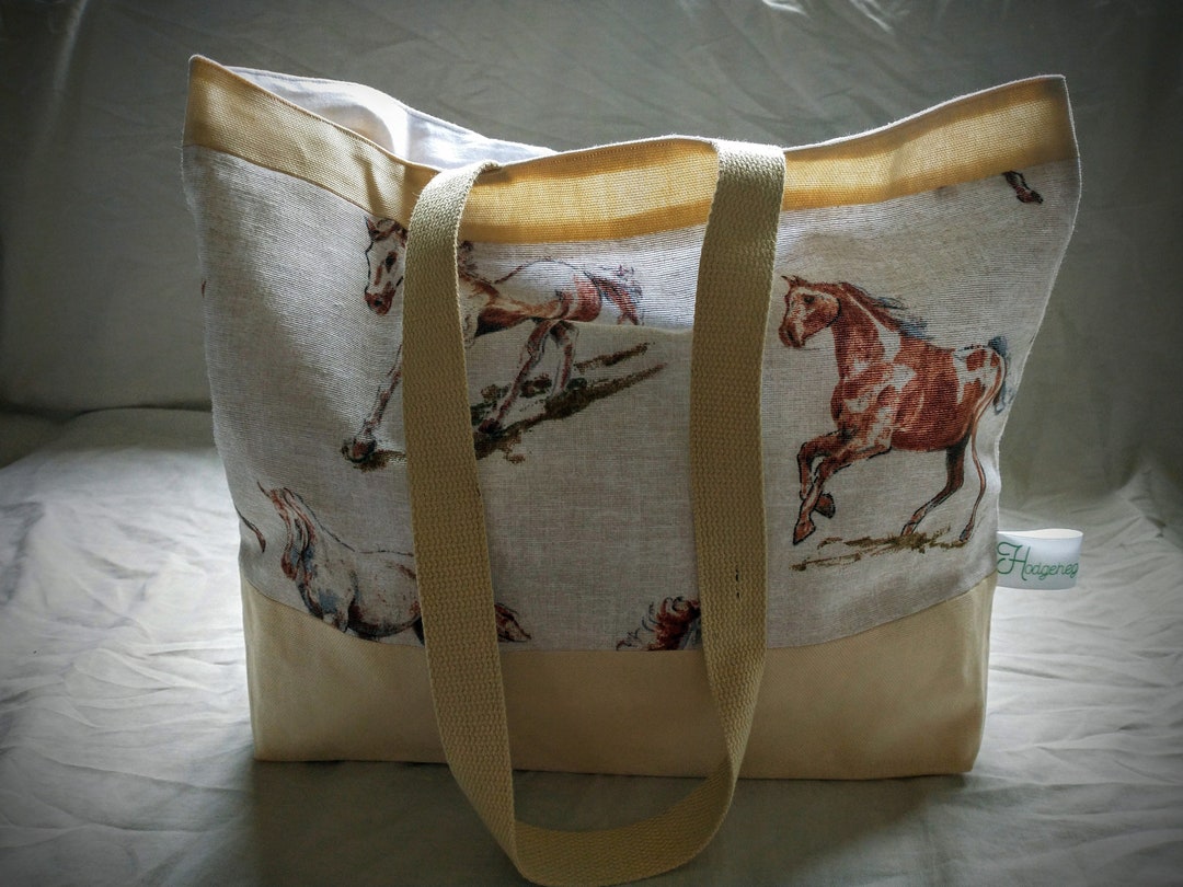 Horses and Buffalo Ledger White Large Tote Shoulder Bag