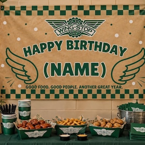 May include: A rectangular banner with a tan background, green checkered borders, and the Wingstop logo. It features the text HAPPY BIRTHDAY (NAME) and GOOD FOOD. GOOD PEOPLE. ANOTHER GREAT YEAR. surrounded by green wing graphics and white dots.