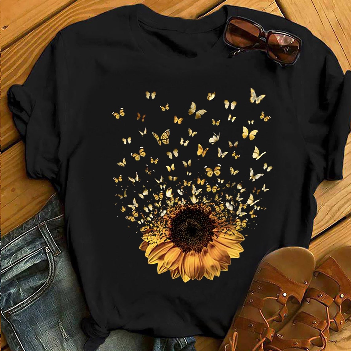 Adorable Butterfly Sunflower Tshirt Gift For Women Girls Etsy