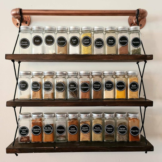 3 Tier Rack, Wooden Spice Rack, Spice Rack, Hanging Rack, Shelving, Hanging Shelf, Custom, Spice Jars or not, Industrial Rope, Farmhouse