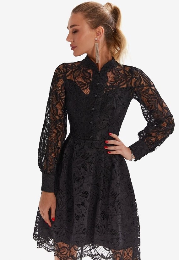 Black Lace Dress Elegant Long Sleeve 