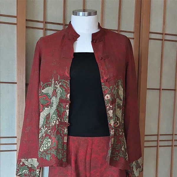 Ensemble veste et pantalon en soie multicolore de style chinois