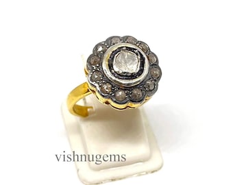 Handgemachter Polki Diamant Ring, Vergoldetes 925 Sterling Silber