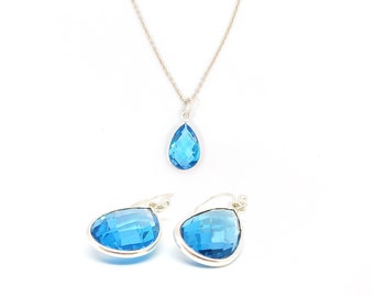 Natural Blue Topaz Necklace set With Earrings, Pendant With Sterling 925 Chain + fast shipping