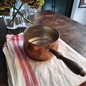Vintage Copper Pot with Wooden Handle, French Kitchen Decor