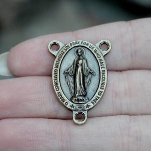 Miraculous Medal Rosary Center,  Antique Brass Tone, Latin Miraculous Medal, Our Lady of Grace, Madonna Double Sided Rosary Centerpiece