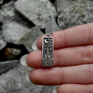 Silver Rectangle Pine Tree Charm, Sterling Silver Tree Charm, Moon Charm, Forest Charm, Tree Lover, (1pc),Camping, Celectial Pendant