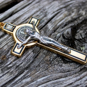 Large 3&quot; Inch Saint Benedict Crucifix, Black Enamel Silver Tone Jesus, St. Benedict Cross, Italy, Mens Cross, Confirmation, Auto Crucifix