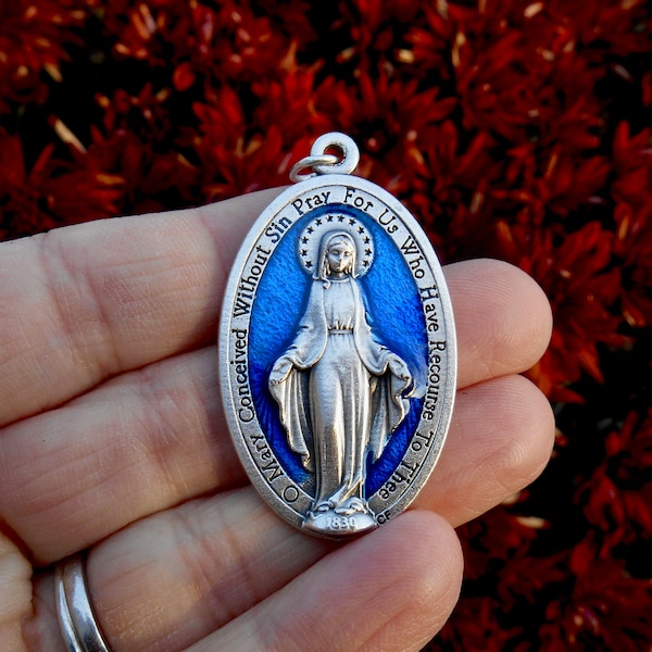 XL Blue Miraculous Medal/ Miraculous Medal for Necklace/Blue Enamel Miraculous Medal/MARY MEDALLION/Catholic Gifts/Mary medal/ Qty (1)
