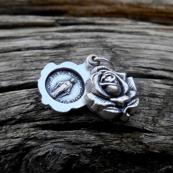 Rose Bud Miraculous Medal Charm/ Sliding Rose Locket Pendant/ Miraculous Mary Medal/ Our Lady Necklace Charm/ Silver Rose Locket/ Catholic