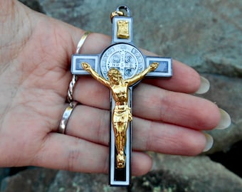 Large 3 1/4 Inch Saint Benedict Crucifix, Black Enamel Gold Tone Benedict Cross, Italy, Mens Cross, Confirmation Gift, Auto Crucifix