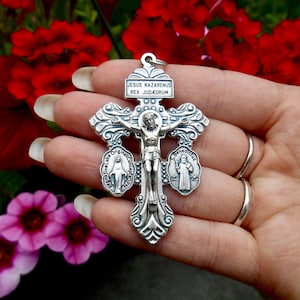 Crucifixo de indulgência de perdão de 3 vias/São Bento e medalhas milagrosas/Crucifixo de rosário/Crucifixo de perdão de fabricação italiana/estilo católico vintage