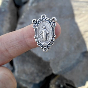 Miraculous Medal Rosary Center, Silver Plated Fancy Miraculous Medal, Our Lady of Grace, Rosary Part, Flower Design, Rosary Making Supply