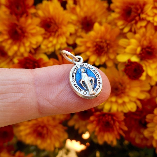 TINY Blue Miraculous Medal/ Mini Miraculous Medal charm Bracelet/Necklace /Blue Enamel Miraculous Medal /Catholic Gift /Mary medal/ Qty (1)