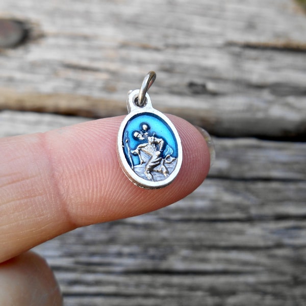 TINY Blue SAINT Christopher/ Mini St Christopher Charm for Bracelet/Saint Christopher Blue Enamel/Catholic Gifts/Patron Saint Travelers