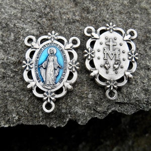 Blue Miraculous Medal Rosary Center,  Fancy Miraculous Medal, Our Lady Flowers, Rosary Part, Blue Enamel Madonna Double Sided Centerpiece