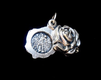 Rose Bud Saint Michael Guardian Angel Locket/ Sliding Rose Locket Pendant/ St Michael Medal/ Guardian Angel Necklace Charm/Rose Locket