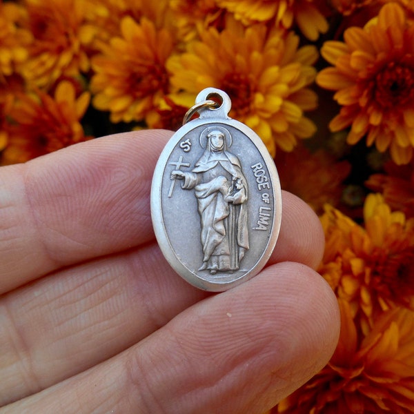 St Rose of Lima Medal/ St Rose Charm for Necklace/Saint Rose of Lima Medal/Catholic Necklace/Catholic Gifts/Patron Saint Gardners QTY (1)