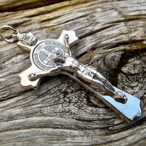 Large 3 1/8 Inch Saint Benedict Crucifix, St Benedict Rosary Cross, Silver Tone Benedict Cross, Mens Cross, Confirmation Gift, Auto Crucifix