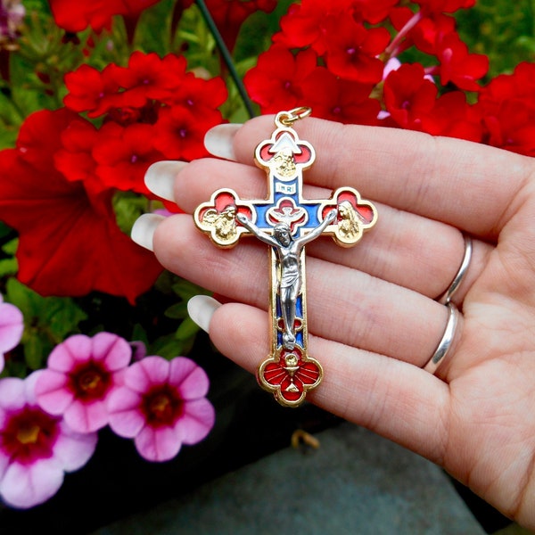 Gold Tone Trinity Crucifix, Rosary Crucifix, Five Way Trinity Jubilee Rosary, Gold Enamel Large Rosary Crucifix, Made in Italy,